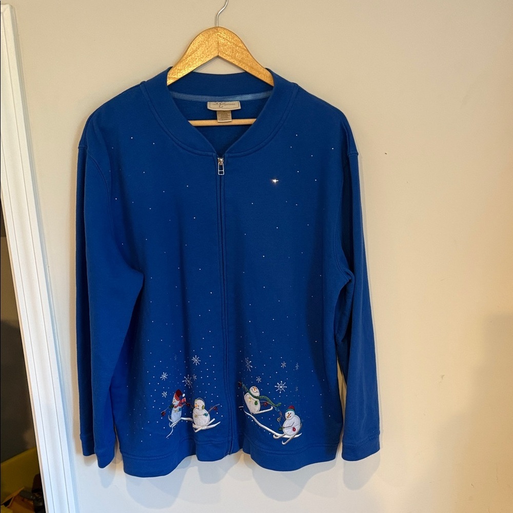 Vintage MC Sportswear Blue Snowman Zip-Up Sweater Bedazzled Jeweled Ugly XMAS